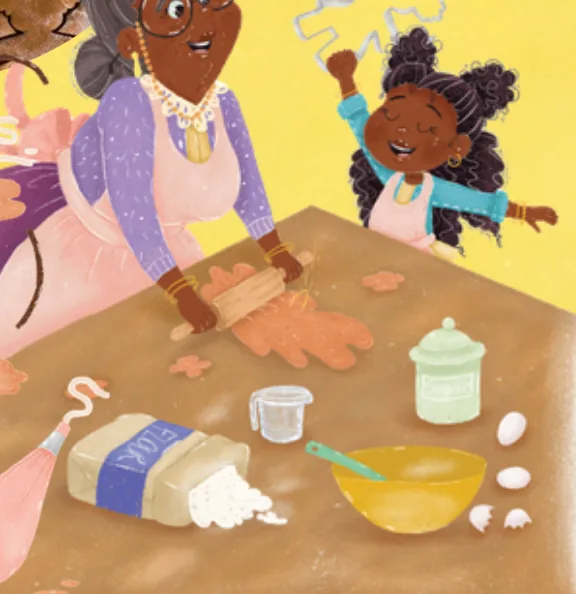 Grandma rolls out gingerbread dough while Yara cheers and the Gingerbread Diva waves